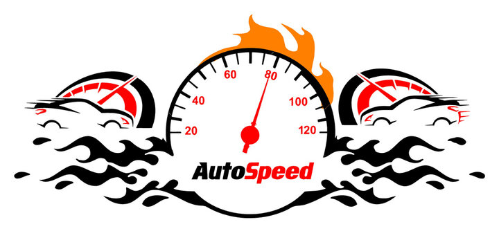 AutoSpeed Logo Graphic with Flaming Speedometer Gauge, Car Silhouettes, and Tribal Fire Waves Isolated on White Background