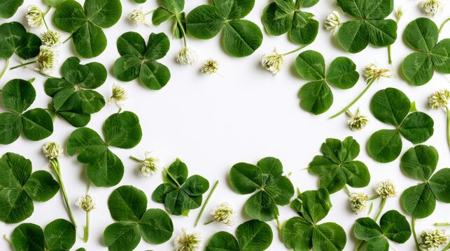 Fresh clover leaves and blossoms frame on white