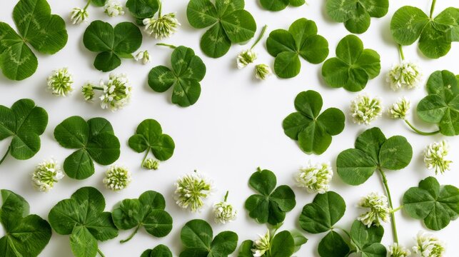 Green Clover Leaves and Blossoms on White
