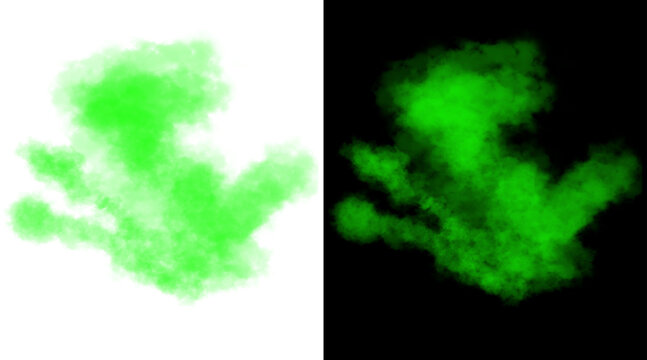 Vibrant green smoke explosion on white and black backgrounds. Neon lime powder burst effect. Toxic gas cloud illustration for creative overlays.