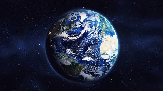 Planet Earth rotating slowly in deep space with atmospheric clouds and starfield background cinematic motion