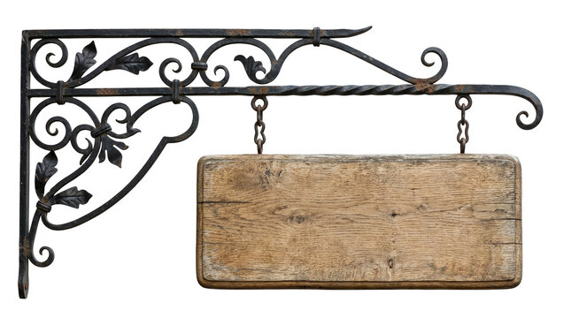 Rustic wooden hanging sign with ornate black iron bracket