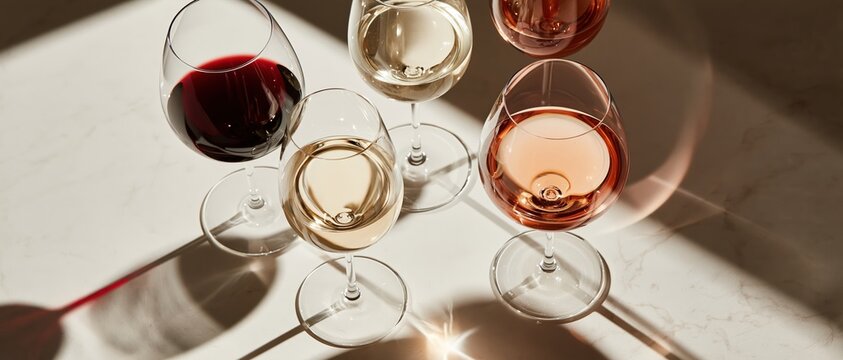 Gourmet wine tasting experience captured from above five crystal glasses of red, white, and ros catch warm sunlight on a marble surface, casting elegant shadows. Perfect for wine, dining.