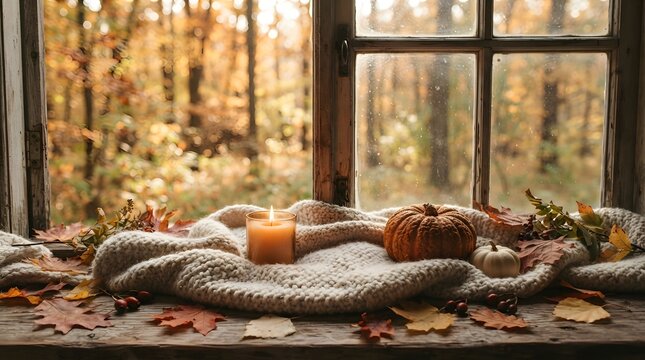 Cozy autumn window sill with a lit candle, pumpkins, and knitted blanket