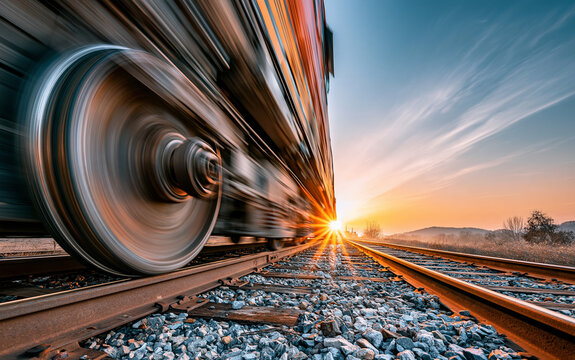 Low angle view of fast moving train wheel on tracks at sunset