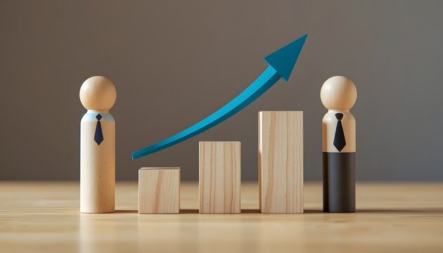 Two wooden peg dolls standing side of an upward trending wooden bar char
