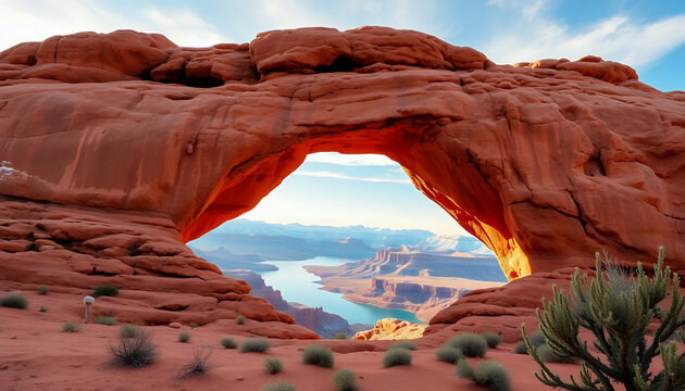 Natural red rock arch framing a scenic river canyon landscape in the desert wilderness.