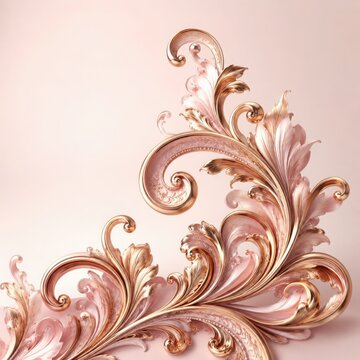 Ornate gold filigree scrollwork pattern with soft pink accents on a light pastel pink background