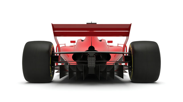 Rear view of a red racing car with black tires and a large spoiler isolated on a white background, for your project