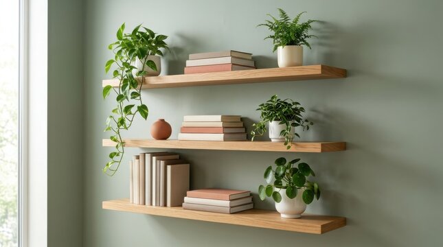 Three light wood floating shelves attached to a sage green wall with books and green potted plants d