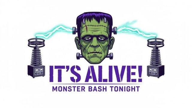 Green Frankenstein head with bolts being energized by two high voltage tesla coils
