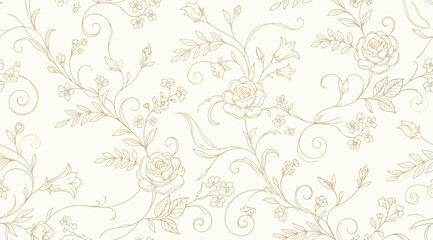 Seamless floral pattern featuring roses and elegant swirling stems in a light sketch style on a soft cream background © Saharia