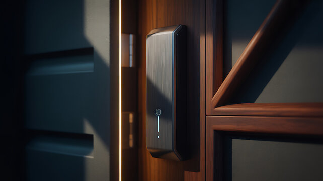 Smart electronic door lock with a sleek metallic finish and a glowing blue vertical light strip on a dark wooden door