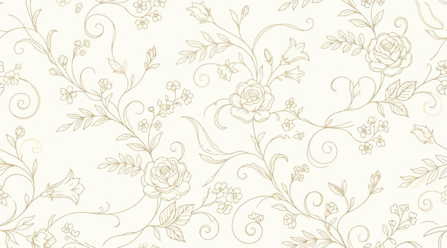 Seamless floral pattern featuring roses and elegant swirling stems in a light sketch style on a soft cream background