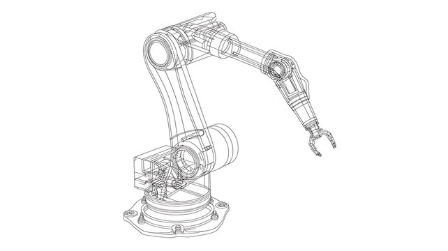 Technical wireframe of an industrial robotic arm with a gripper, isolated on a plain white background surface