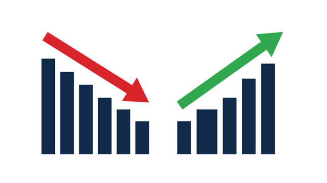 Bar chart diagrams with red and green arrows showing financial decline and growth trends