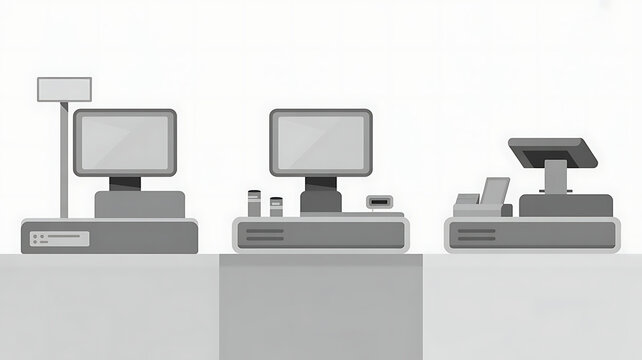 Three point of sale checkout counters with cash registers and screens, arranged in a row on a white background