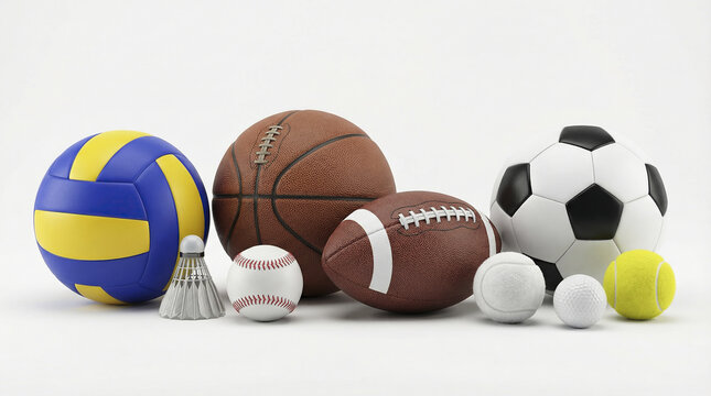 Collection of various sports balls and equipment isolated on a white background