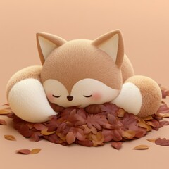 Fototapeta premium A small 3d fox character is sleeping in a pile of leaves in a cozy setting. The colors are soft and warm, enhancing the atmosphere.