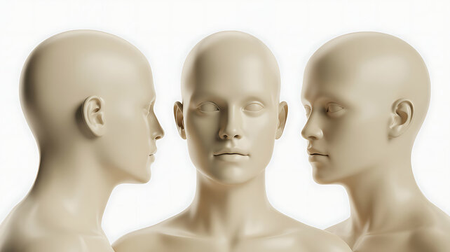 Three views of a faceless female mannequin head in neutral beige color showing profile and front angles on white background