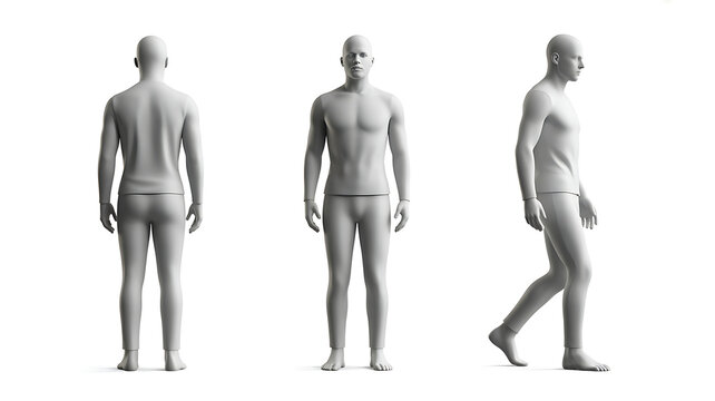 Three views of a faceless male mannequin in neutral gray color showing front, back, and side profile walking pose isolated