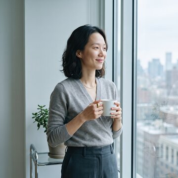 Generative AI, Asian woman with coffee looking out office window at city view
