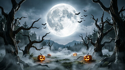 Fototapeta premium Spooky halloween scene featuring glowing jack o lanterns in misty dark forest under full moon light.