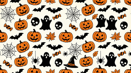 Obraz premium Seamless pattern with carved jack o lanterns spiders webs bats skulls ghosts and autumn leaves art.