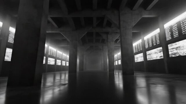 Dark and industrial concrete interior with large pillars and illuminated display screens, eerie atmosphere