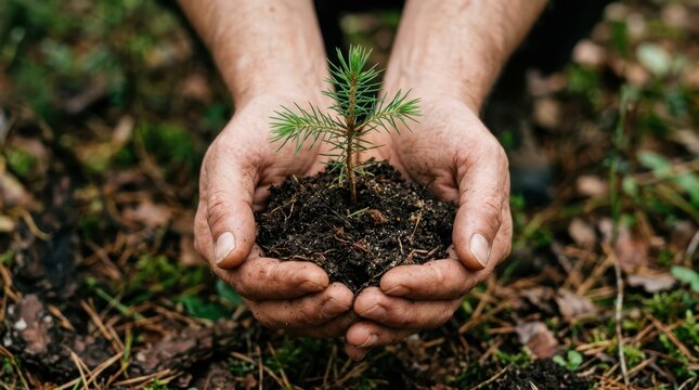 Close up of person holding small green pine tree sapling in soil for reforestation and World AIDS Day growth awareness concepts World AIDS Day