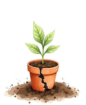 Young Plant Growing In Cracked Terra Cotta Pot