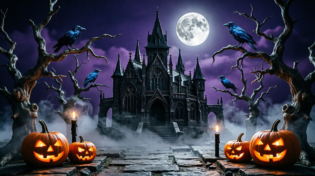 Haunted castle with glowing pumpkins and eerie crows under a full moon on halloween.