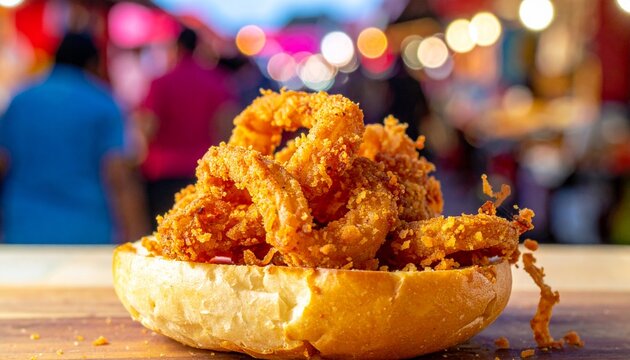 Pan con Chicharron Crispy Pork Sandwich on a Bun with Blurred Street Food Market Background