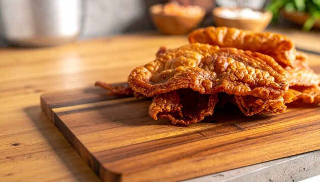 Crispy Pork Chicharron on Wooden Cutting Board for Pan con Chicharron Sandwich Preparation