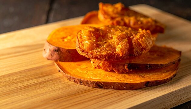 Pan con Chicharron Crispy Pork Belly on Sweet Potato Slices on Wooden Board