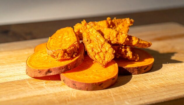 Pan con Chicharron with Crispy Pork and Sweet Potato Slices on a Wooden Board
