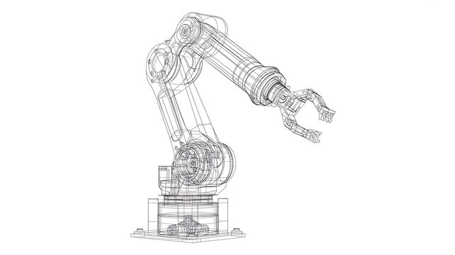 Wireframe of a robotic arm with a mechanical claw, isolated on a plain white background, for engineering