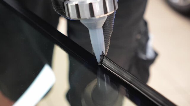 Car glass repair technician applying black polyurethane adhesive glue on new windshield edge close up, mechanic hands using caulking gun applicator for vehicle windscreen installation replacement. 