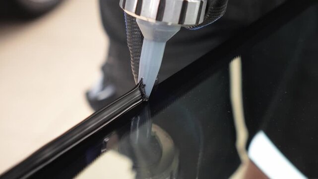 Car glass repair technician applying black polyurethane adhesive glue on new windshield edge close up, mechanic hands using caulking gun applicator for vehicle windscreen installation replacement. 