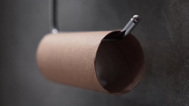 Empty toilet paper roll holder close up, brown cardboard core tube on chrome metal hanger inside bathroom restroom, running out of household tissue supply conceptual minimal apartment background.
