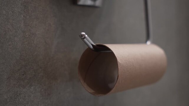 Empty toilet paper roll holder close up, brown cardboard core tube on chrome metal hanger inside bathroom restroom, running out of household tissue supply conceptual minimal apartment background.
