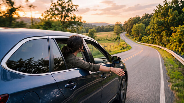 Cinematic side view of a woman enjoying road trip leaning out of car window along a scenic highway at sunset