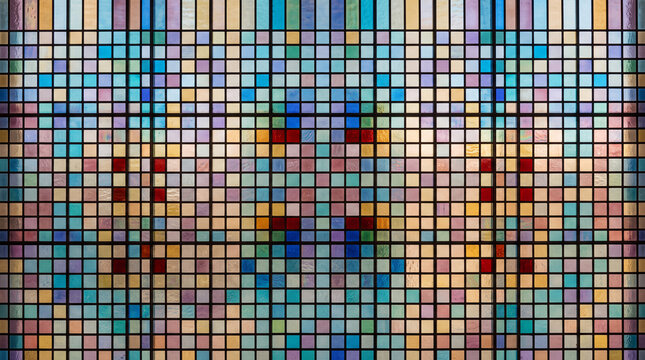 Colorful geometric stained glass window with a modern abstract grid pattern