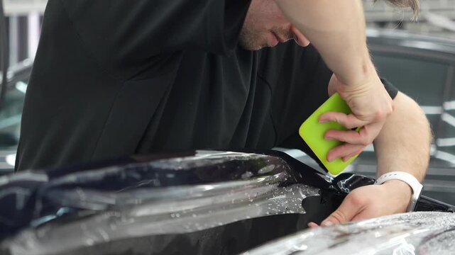 Professional auto detailer specialist applying a clear paint protection film PPF on a glossy black car. Male technician worker smoothing a wet polyurethane protective wrap with a green squeegee rakel.