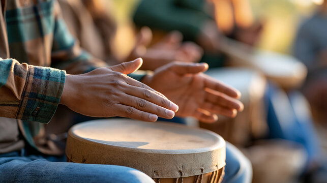 Indigenous musician playing a traditional hand drum during a community cultural event, rhythmic movement, heritage preservation, authentic documentary photography, with copy space