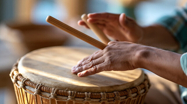 Close-up of hands playing a handcrafted drum, textured natural materials, cultural music, Indigenous heritage, shallow depth of field, with copy space
