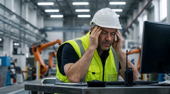 Tired industrial worker in hard hat and safety vest holding his head at a computer desk in a robotic factory for occupational burnout and workplace stress concept.