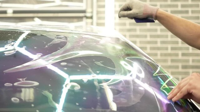 Hands of a man glue a clear protective film against scratches on a car windshield close up. This is an athermal window tint wrap. Worker installs a chameleon vinyl sheet on an automobile glass. 