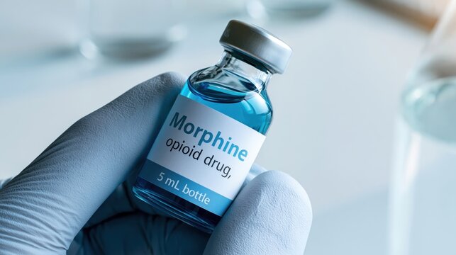 Morphine medical bottle of pain medication of opiate family which acts on CNS and used for acute and chronic pain in myocardial infarction kidney stones and during labor