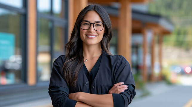 Indigenous healthcare worker standing outdoors near a rural community health center, confident professional portrait, contemporary Indigenous representation, public health